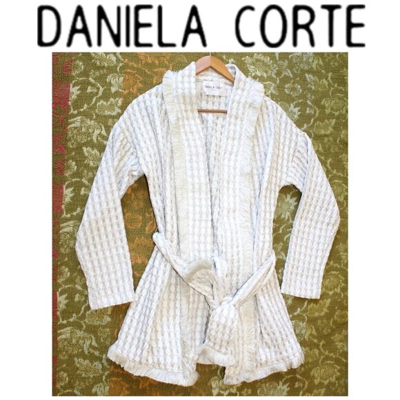 Daniela Corte Waffle Open Front Cardigan Size Medium Tie Waist Metallic USA Knit - Picture 1 of 8